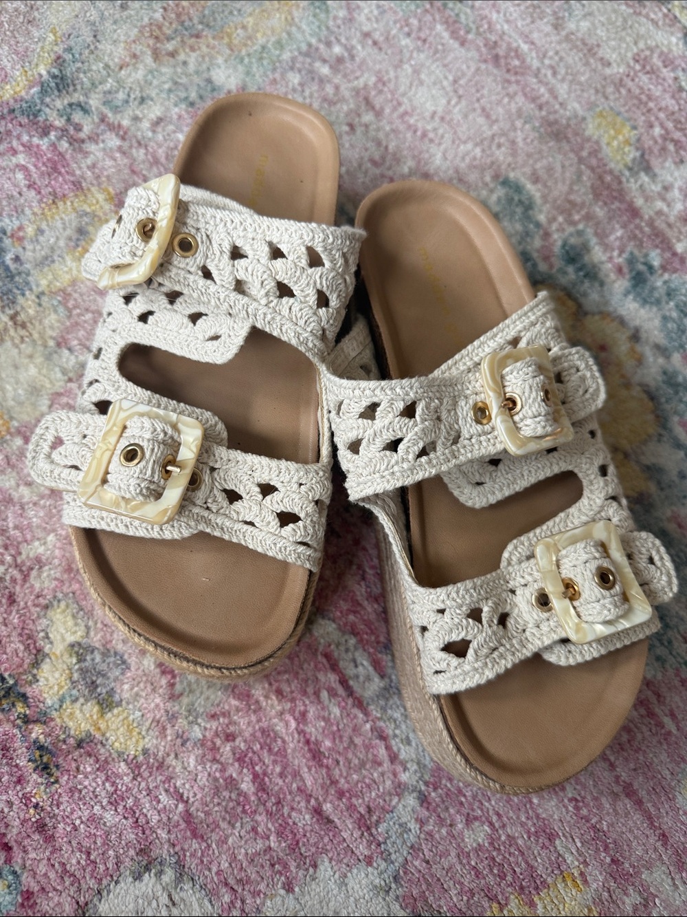 Madden Girl Cream Crochet Double-Buckle Slide Sandals - Picture 1 of 4